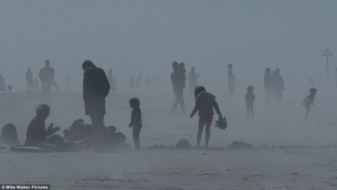 people in mist on beach